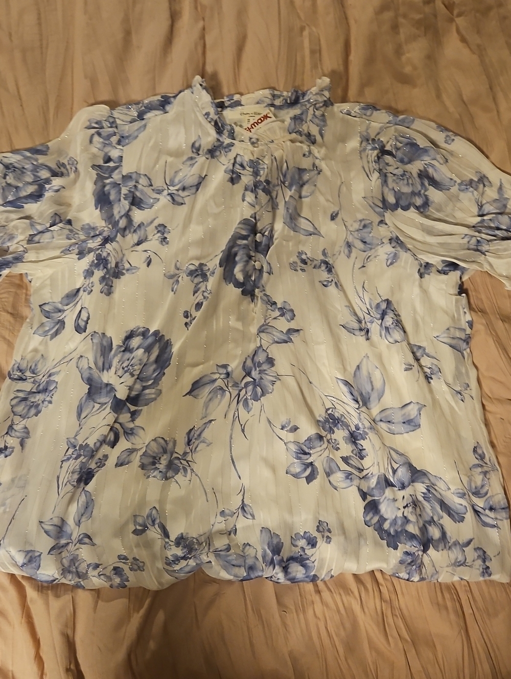 Women's White Blouse with Blue Floral Print and Ruffle Collar